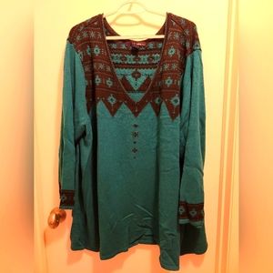 4X turquoise sweater.  Beautiful pattern across shoulders, sleeves & breastbone